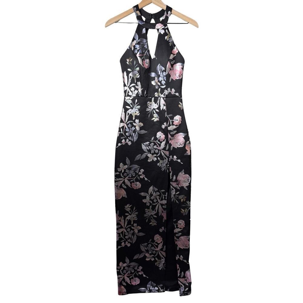 BCX Dress Floor Length High-Neck Maxi Dress Black Floral Print Women’s Size 3